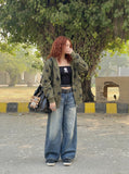 DAXUEN Pair of loose-fit wide-leg denim jeans in medium blue wash — model photo