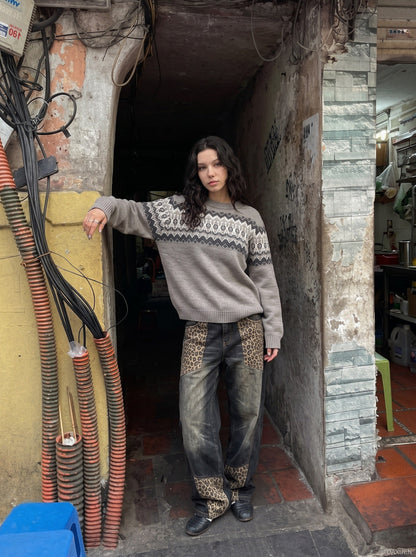 Fair Isle Pattern Knitted Crew Neck Sweater