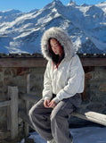 DAXUEN light grey oversized faux fur trim zip hoodie — model photo
