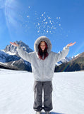 DAXUEN light grey oversized faux fur trim zip hoodie — model photo