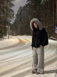 DAXUEN light grey oversized faux fur trim zip hoodie — model photo