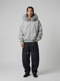 DAXUEN light grey oversized faux fur trim zip hoodie — model photo