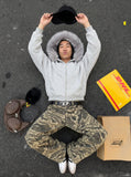 DAXUEN light grey oversized faux fur trim zip hoodie — model photo