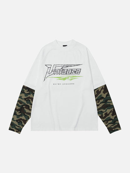 DAXUEN Faux layered long sleeve t-shirt with camouflage sleeves