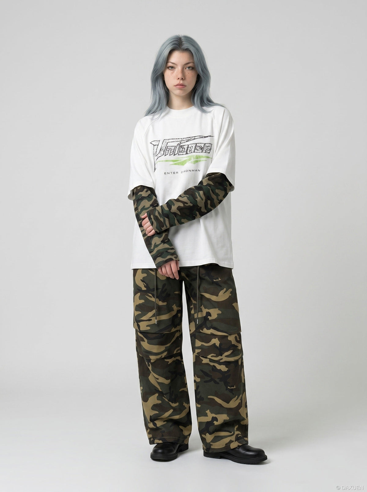 DAXUEN Faux layered long sleeve t-shirt with camouflage sleeves — model photo