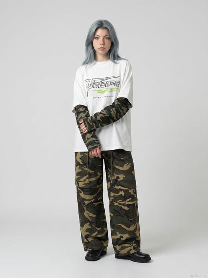 DAXUEN Faux layered long sleeve t-shirt with camouflage sleeves — model photo