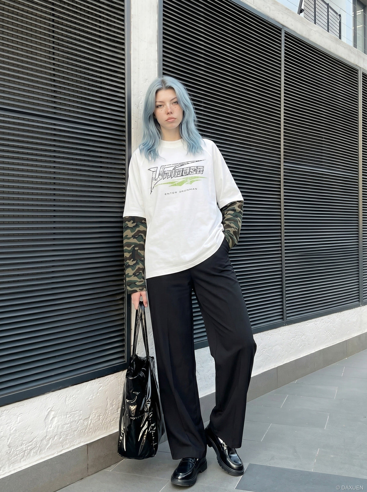 DAXUEN Faux layered long sleeve t-shirt with camouflage sleeves — model photo