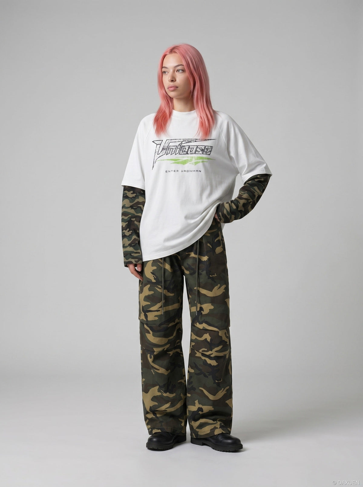 DAXUEN Faux layered long sleeve t-shirt with camouflage sleeves — model photo