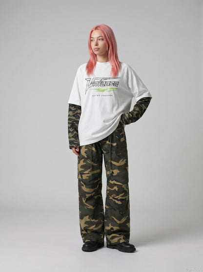 DAXUEN Faux layered long sleeve t-shirt with camouflage sleeves — model photo