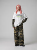 DAXUEN Faux layered long sleeve t-shirt with camouflage sleeves — model photo