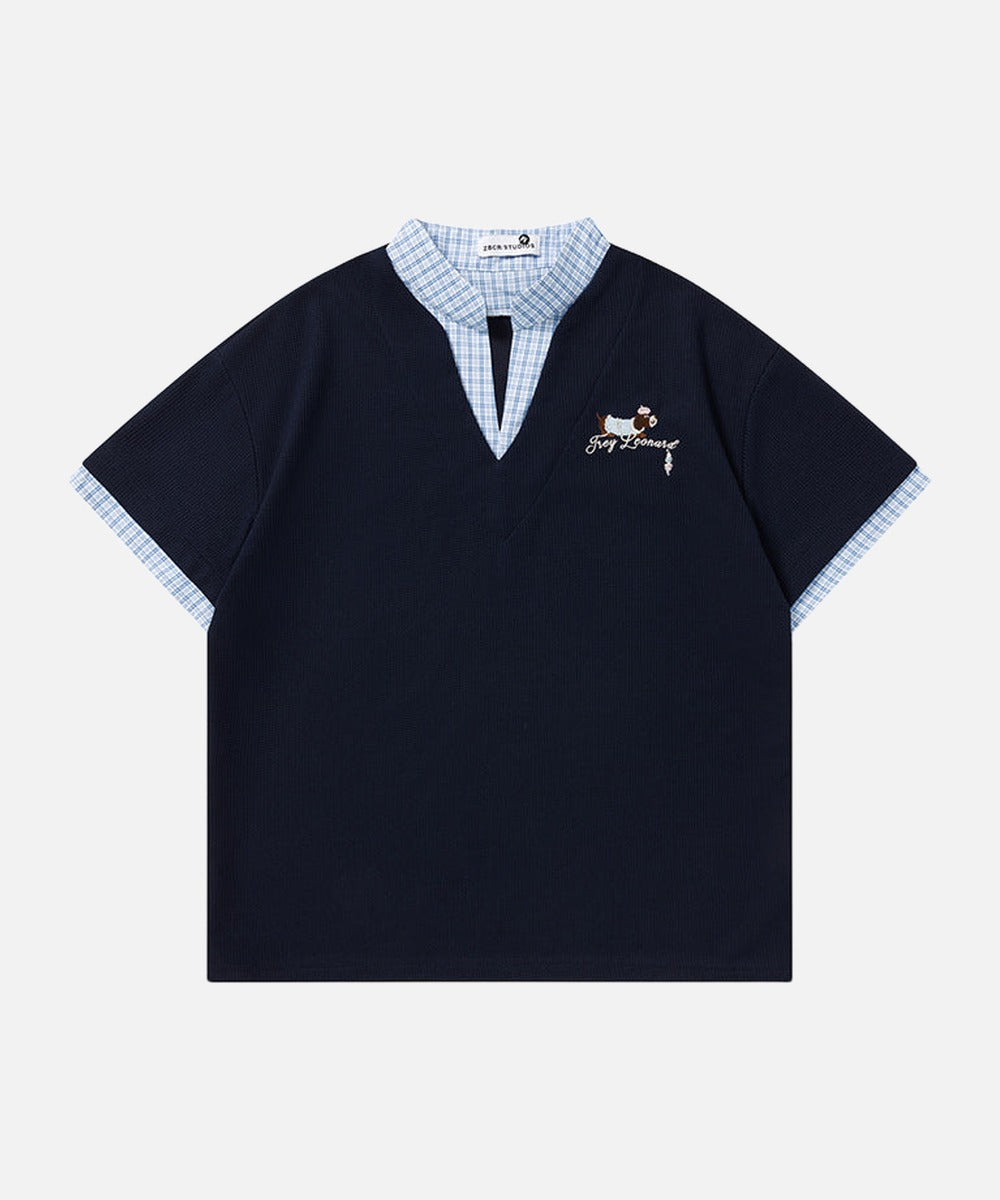 DAXUEN Faux-layered short-sleeved T-shirt with cartoon dog embroidery