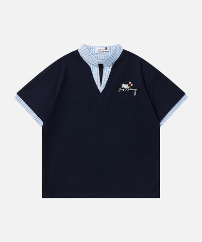 DAXUEN Faux-layered short-sleeved T-shirt with cartoon dog embroidery