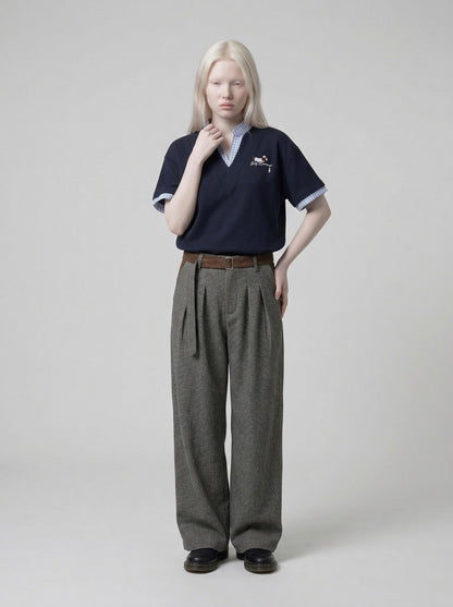 DAXUEN Faux-layered short-sleeved T-shirt with cartoon dog embroidery — model photo