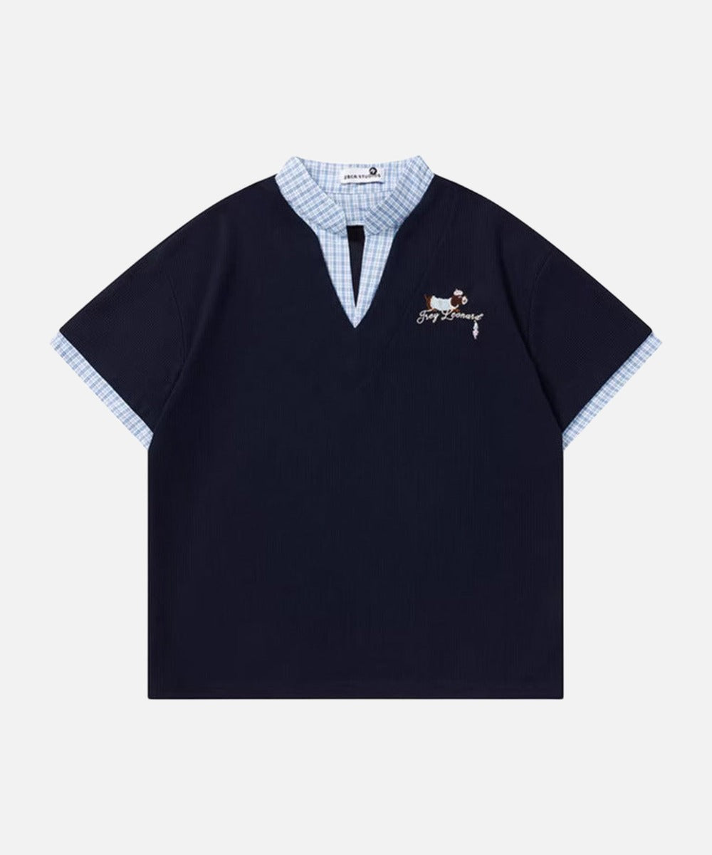 DAXUEN Faux-layered short-sleeved T-shirt with cartoon dog embroidery