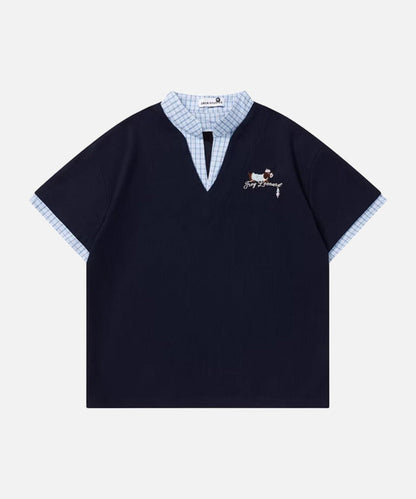 DAXUEN Faux-layered short-sleeved T-shirt with cartoon dog embroidery