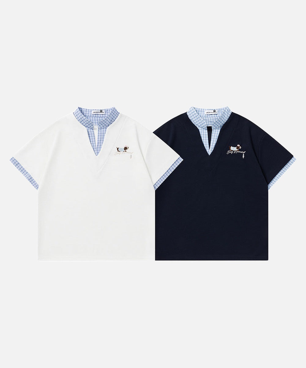 DAXUEN Faux-layered short-sleeved T-shirt with cartoon dog embroidery
