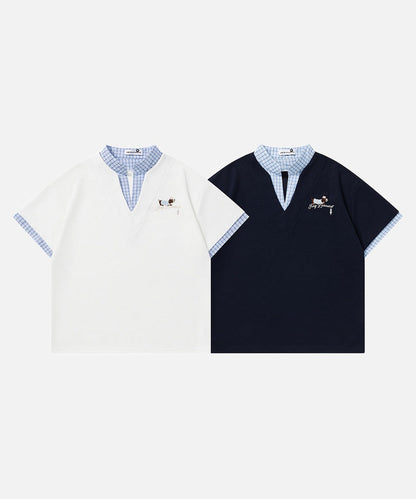 DAXUEN Faux-layered short-sleeved T-shirt with cartoon dog embroidery