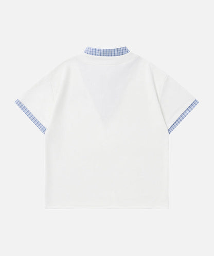 DAXUEN Faux-layered short-sleeved T-shirt with cartoon dog embroidery