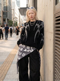 DAXUEN Faux mink texture crew neck sweater with abstract patterns — model photo