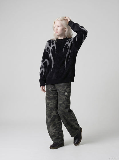 DAXUEN Faux mink texture crew neck sweater with abstract patterns — model photo