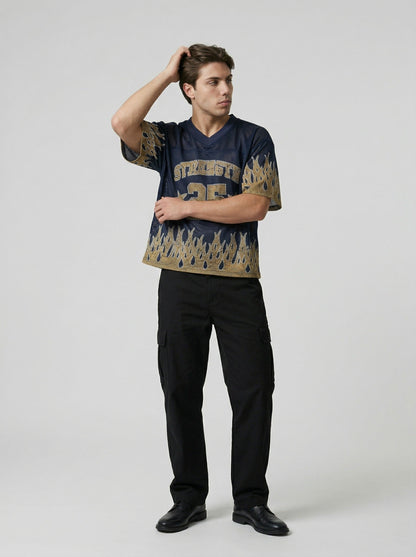 DAXUEN Relaxed fit short-sleeve mesh jersey with flame graphics — model photo