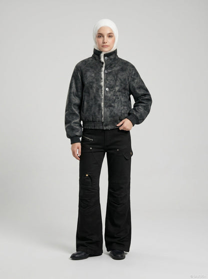 DAXUEN Solid black flared cargo pants — model photo