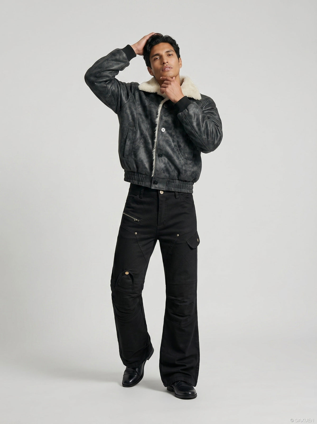 DAXUEN Solid black flared cargo pants — model photo