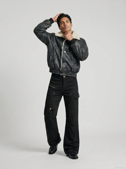 DAXUEN Solid black flared cargo pants — model photo