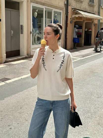 DAXUEN Floral embroidered short-sleeved knitted polo shirt — model photo