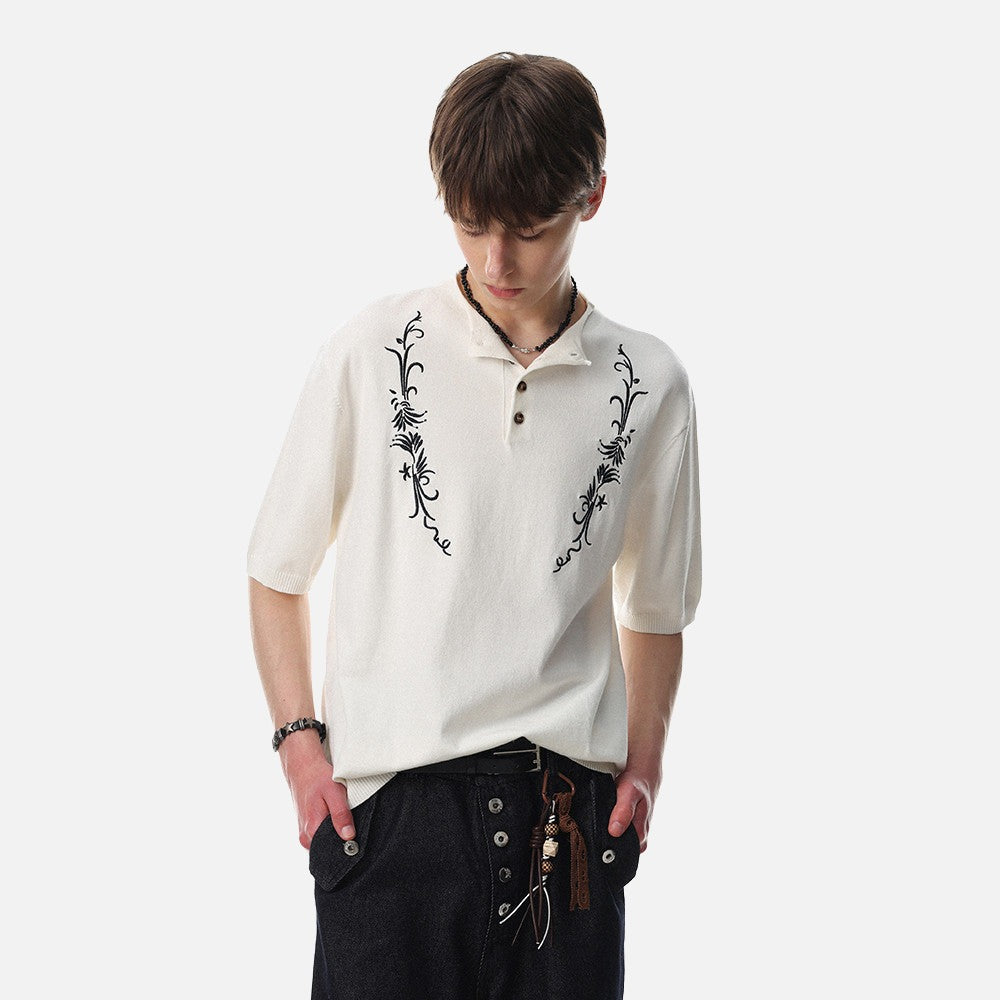 DAXUEN Floral embroidered short-sleeved knitted polo shirt