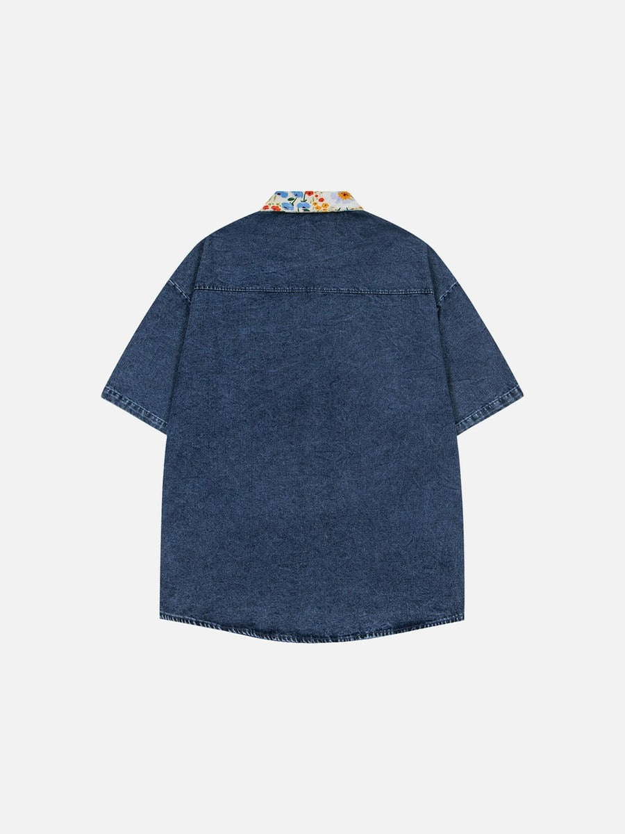DAXUEN Floral graphic denim short-sleeved button-up shirt