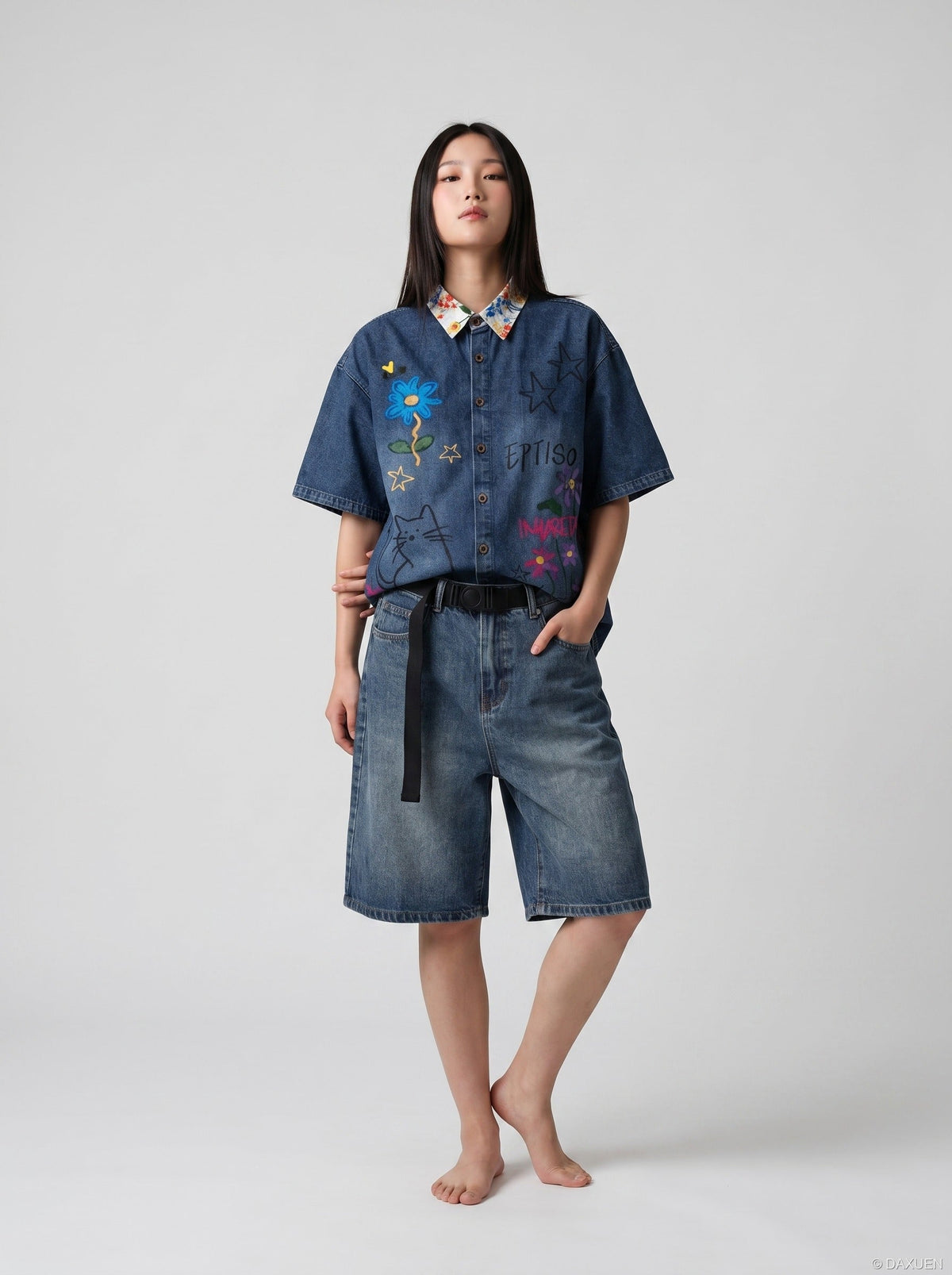 DAXUEN Floral Graphic Denim Button-Up Shirt | DAXUEN — model photo