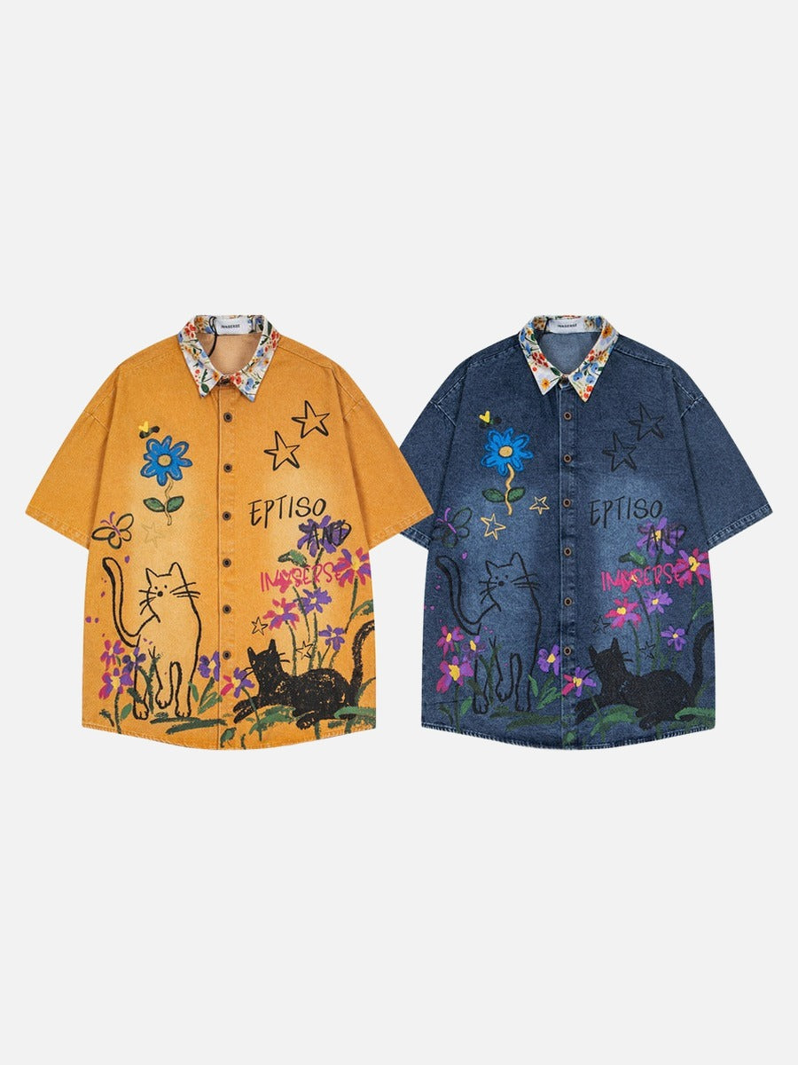 DAXUEN Floral graphic denim short-sleeved button-up shirt
