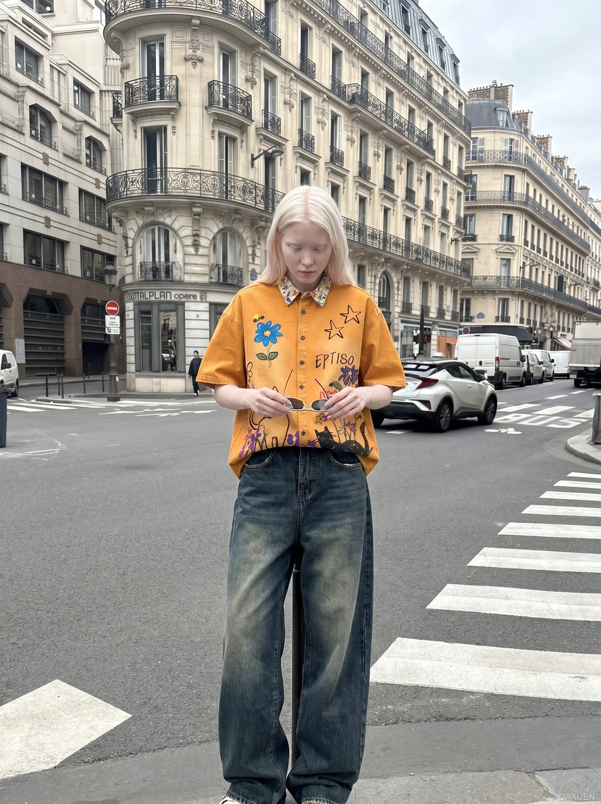 DAXUEN Floral Graphic Denim Button-Up Shirt | DAXUEN — model photo