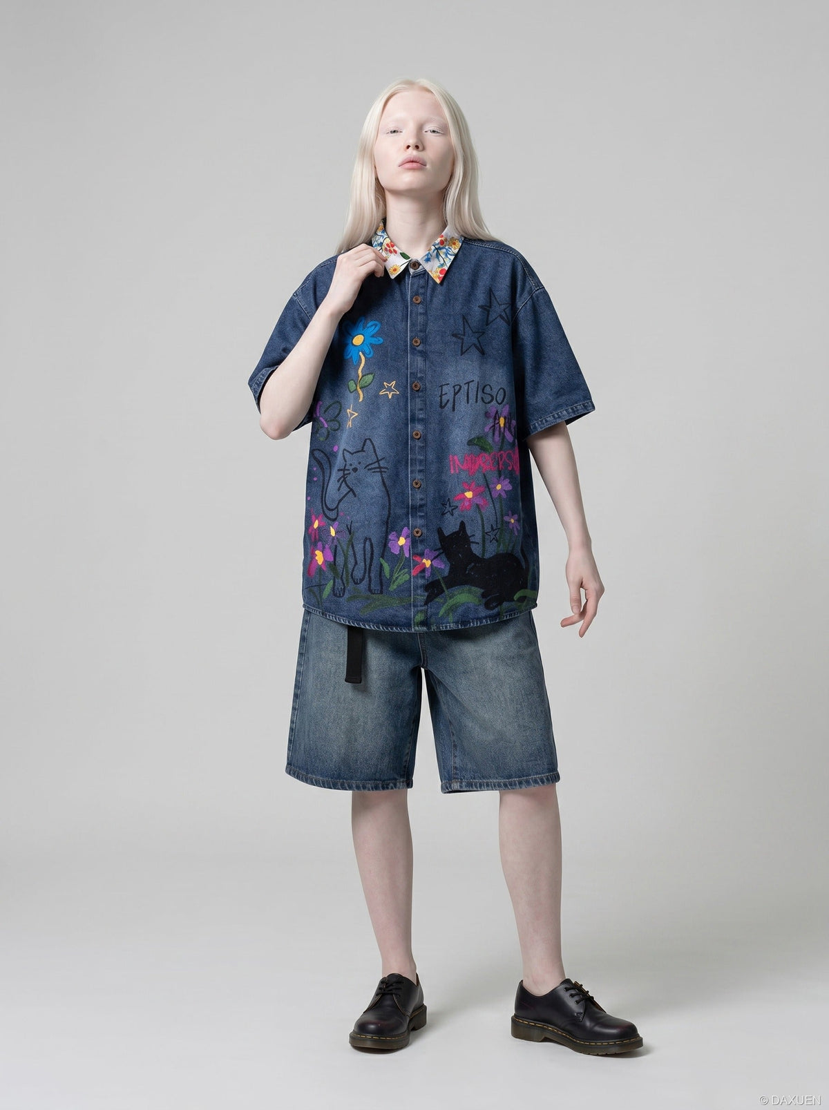 DAXUEN Floral Graphic Denim Button-Up Shirt | DAXUEN — model photo