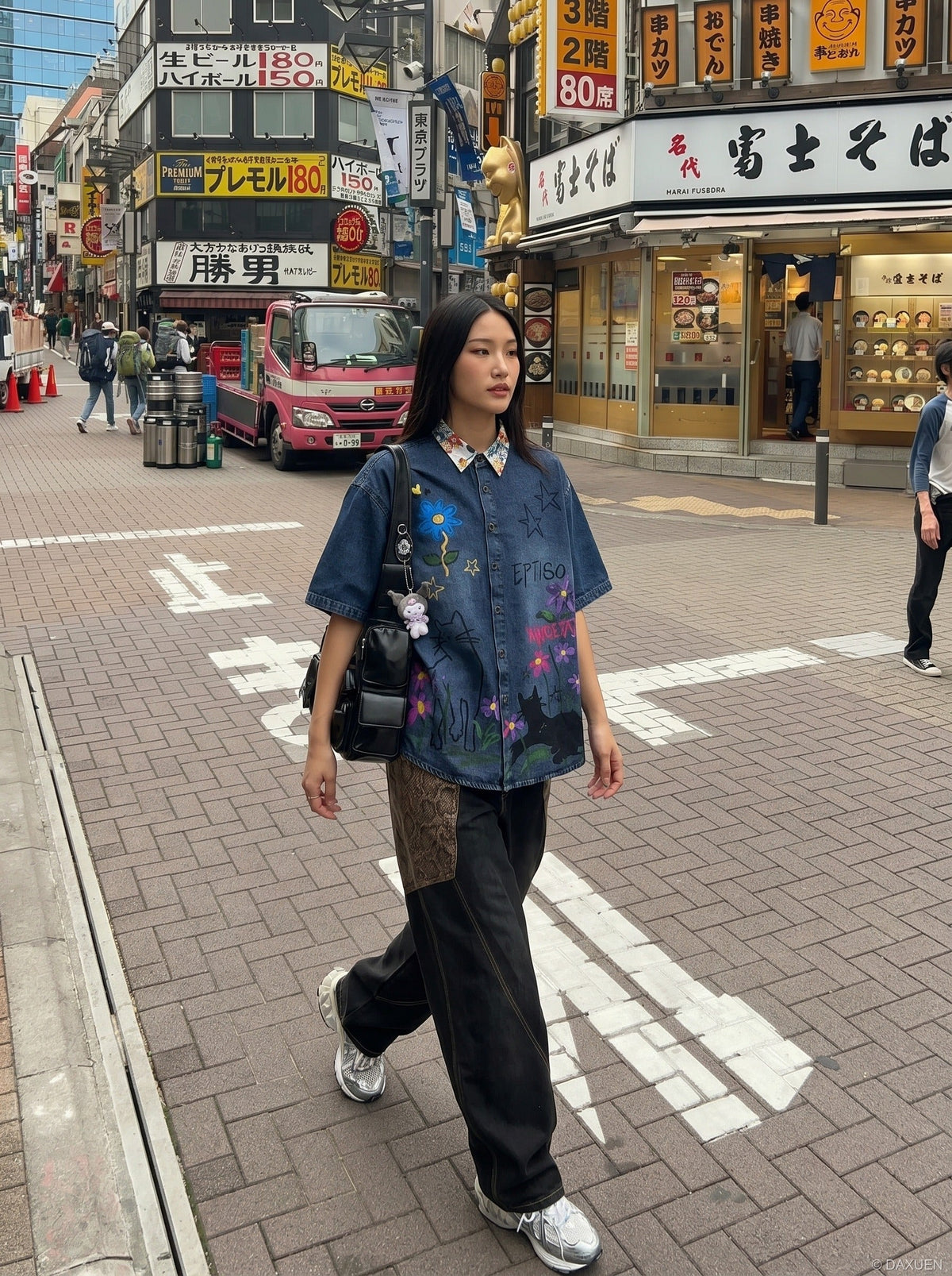 DAXUEN Floral Graphic Denim Button-Up Shirt | DAXUEN — model photo