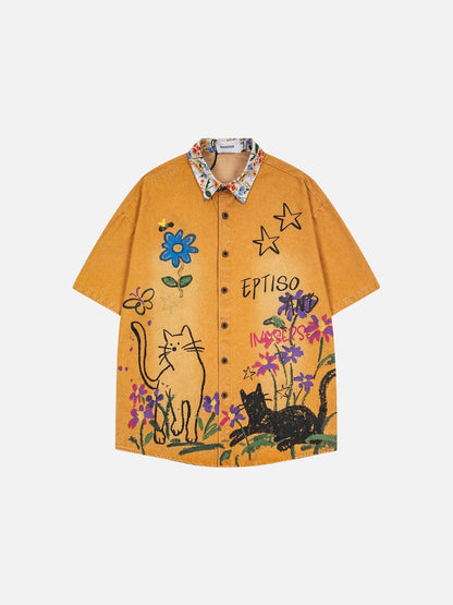 DAXUEN Floral graphic denim short-sleeved button-up shirt