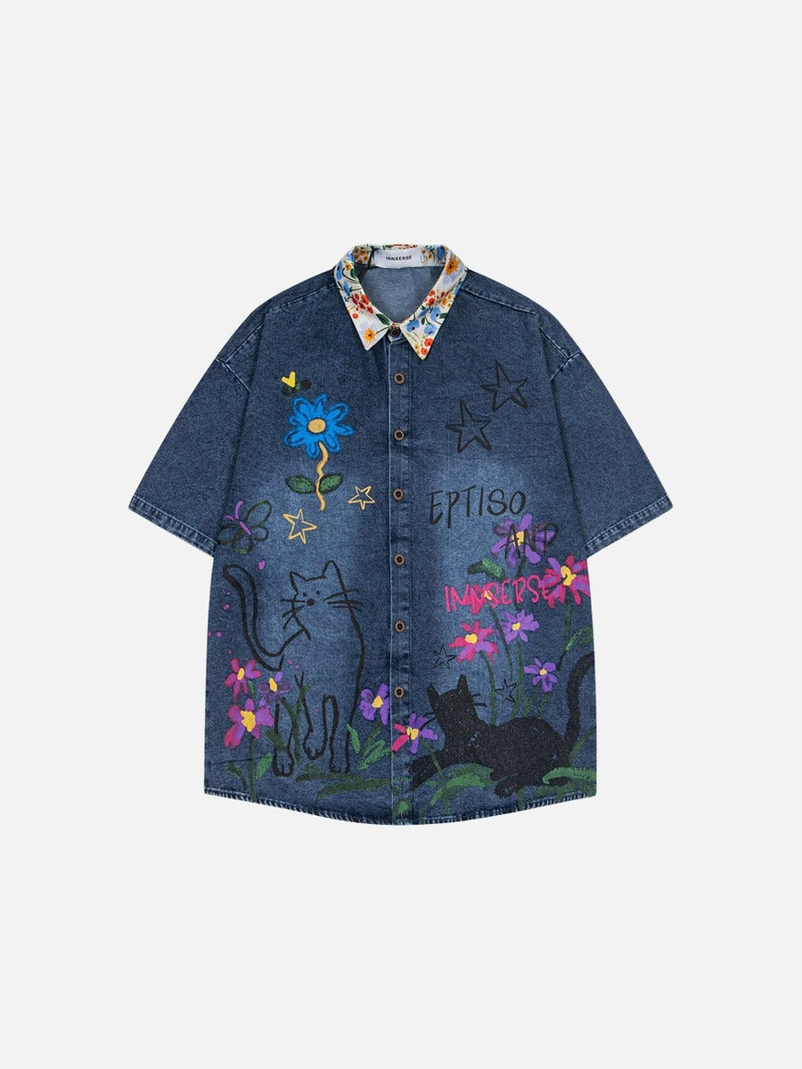 DAXUEN Floral graphic denim short-sleeved button-up shirt