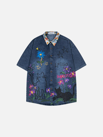 DAXUEN Floral graphic denim short-sleeved button-up shirt