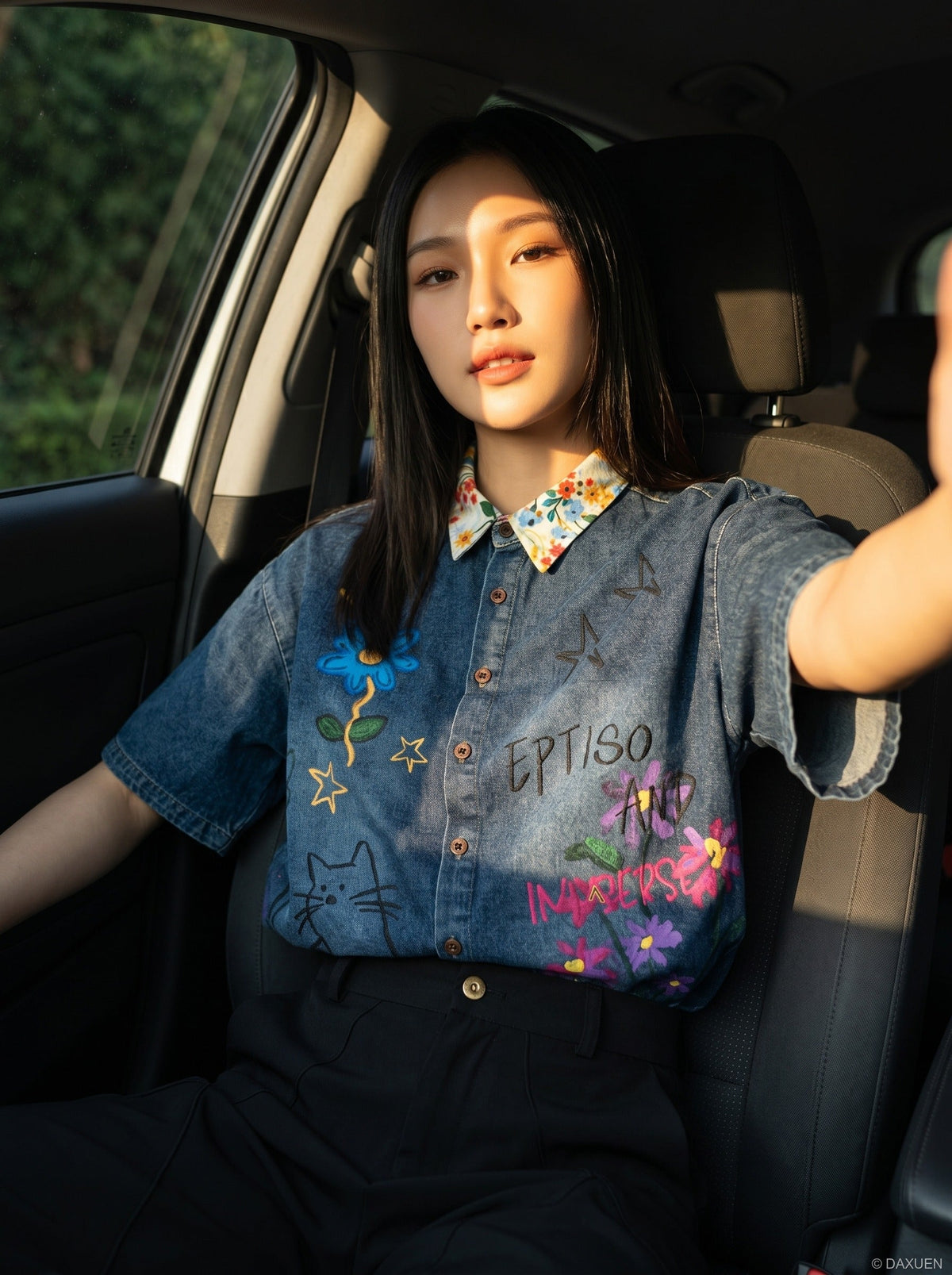 DAXUEN Floral Graphic Denim Button-Up Shirt | DAXUEN — model photo