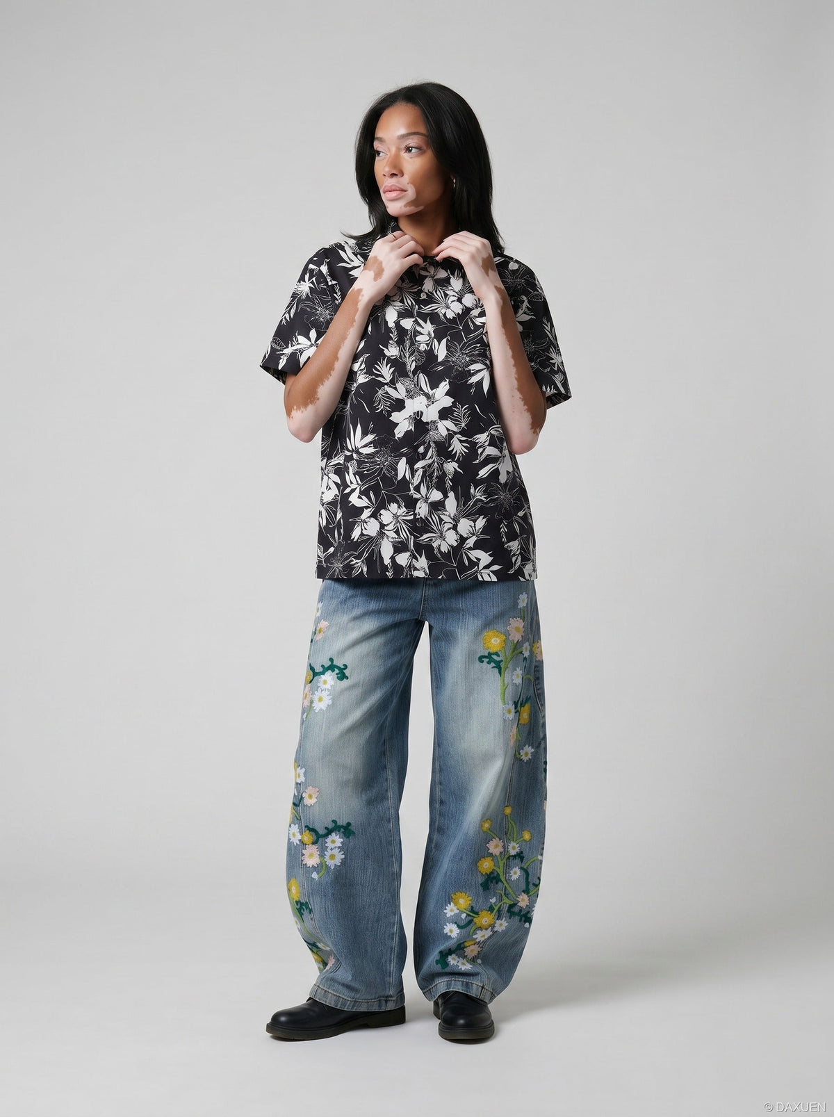 DAXUEN Short-sleeved floral print button-up shirt — model photo