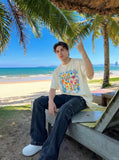 DAXUEN Oversized floral graphic T-shirt in cream — model photo