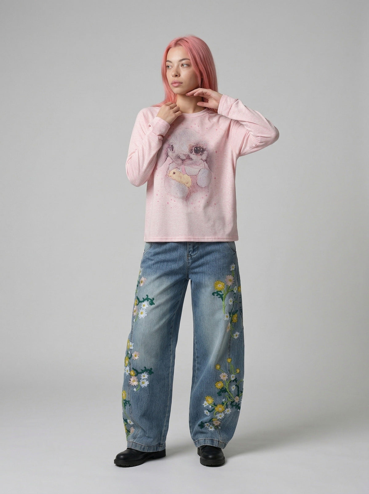 DAXUEN Long sleeve crew neck top with bunny print — model photo