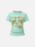 DAXUEN Light green sheer mesh short-sleeved t-shirt with cat graphic