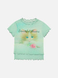 DAXUEN Light green sheer mesh short-sleeved t-shirt with cat graphic