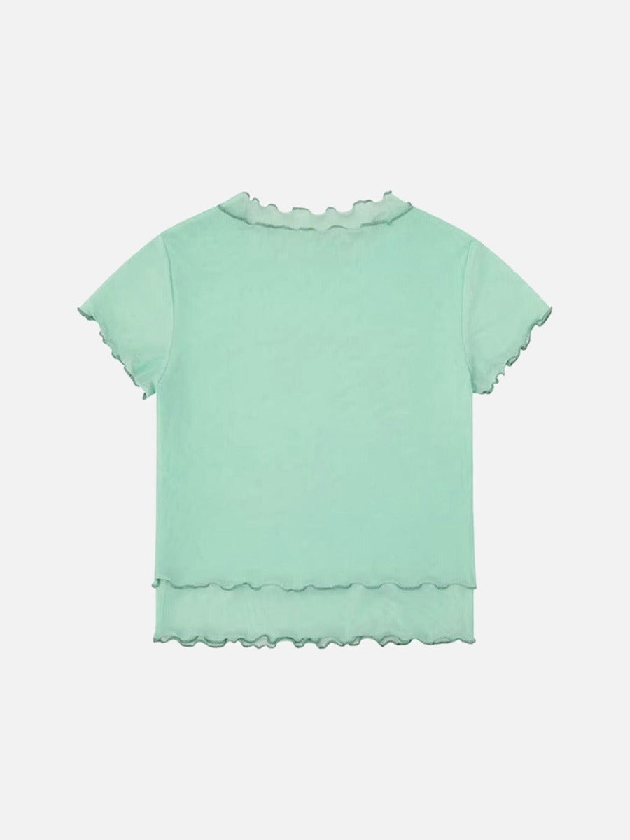 DAXUEN Light green sheer mesh short-sleeved t-shirt with cat graphic
