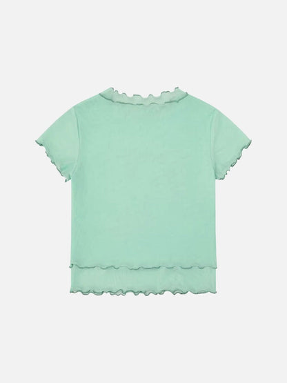 DAXUEN Light green sheer mesh short-sleeved t-shirt with cat graphic