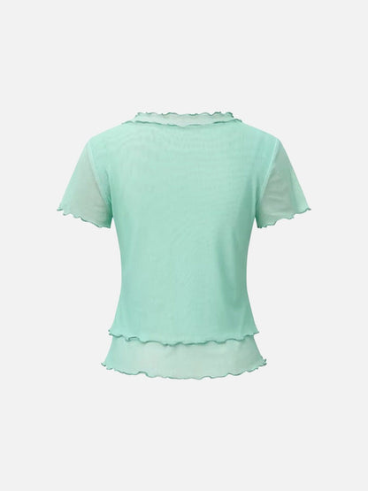 DAXUEN Light green sheer mesh short-sleeved t-shirt with cat graphic