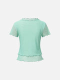 DAXUEN Light green sheer mesh short-sleeved t-shirt with cat graphic