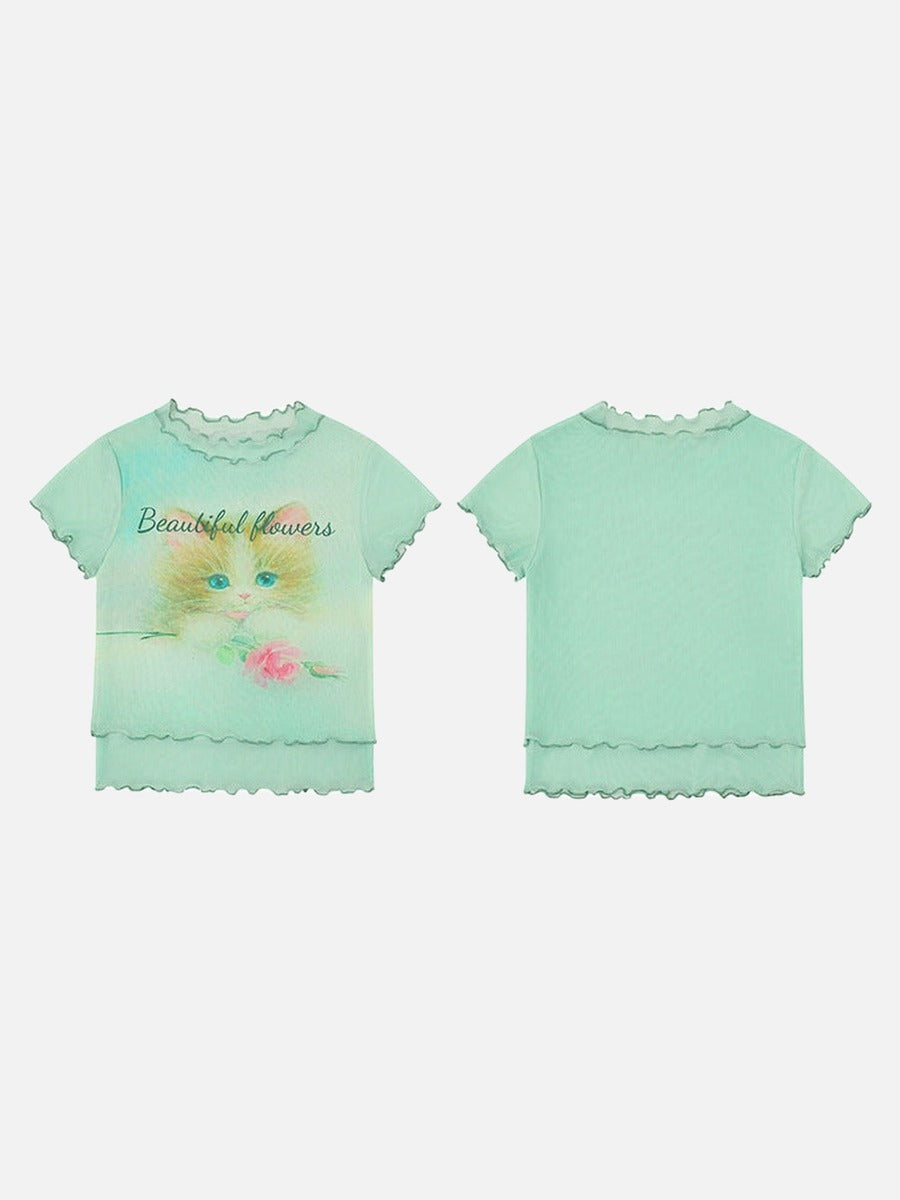 DAXUEN Light green sheer mesh short-sleeved t-shirt with cat graphic
